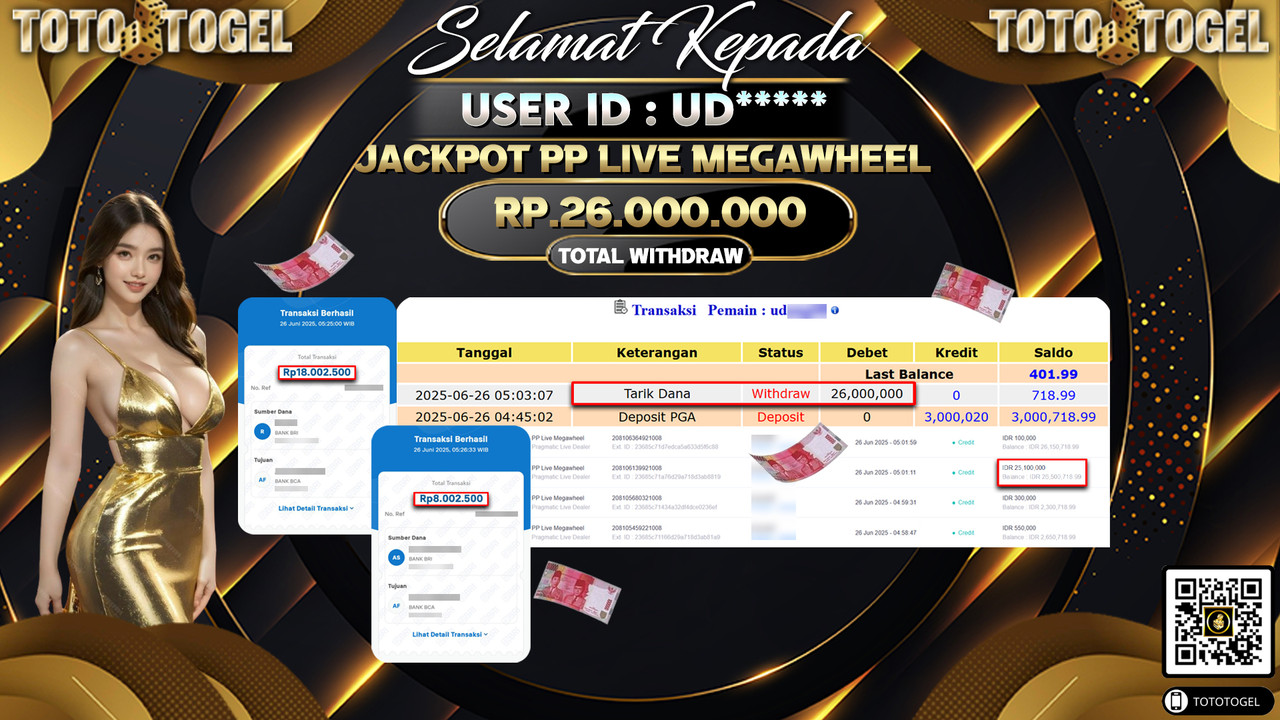 Bukti Pembayaran Jackpot Permainan Live Game PP Live Megawheel ID:UD***** LUNAS