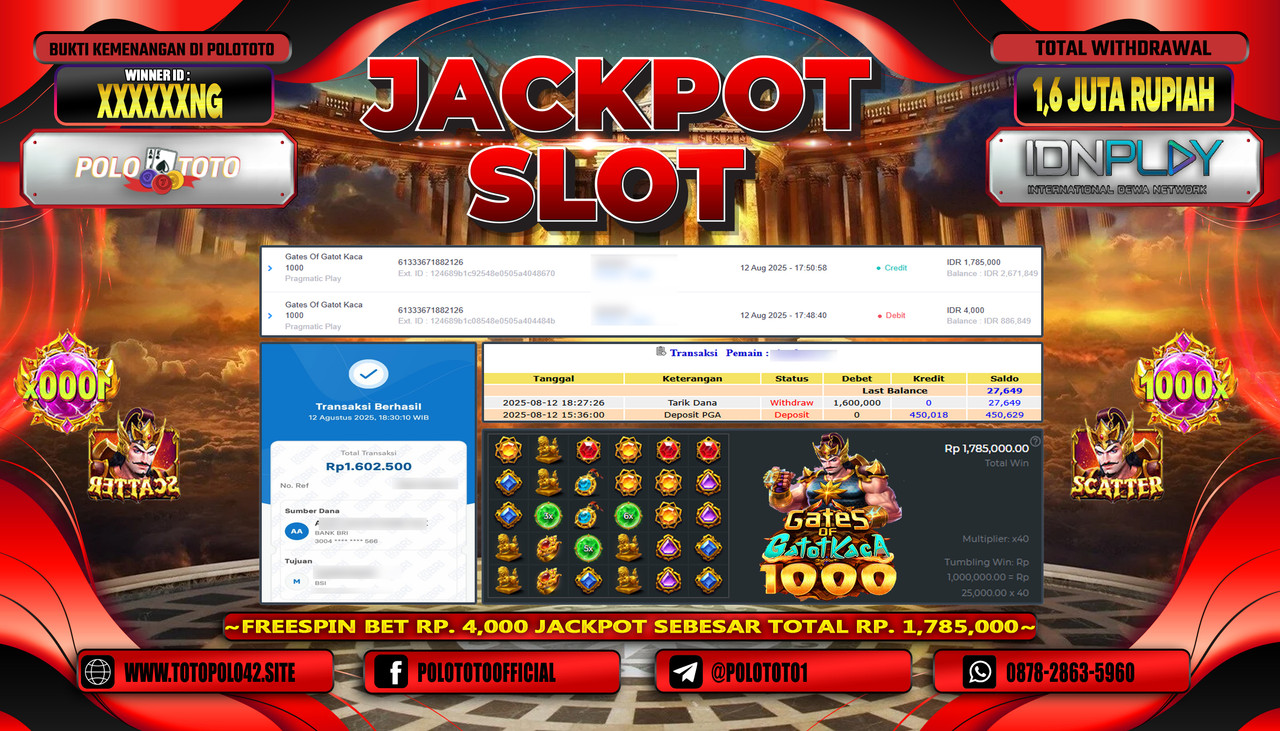 POLOTOTO JACKPOT SLOT GATES OF GATOT KACA 1000 Rp.1.600.000,-LUNAS