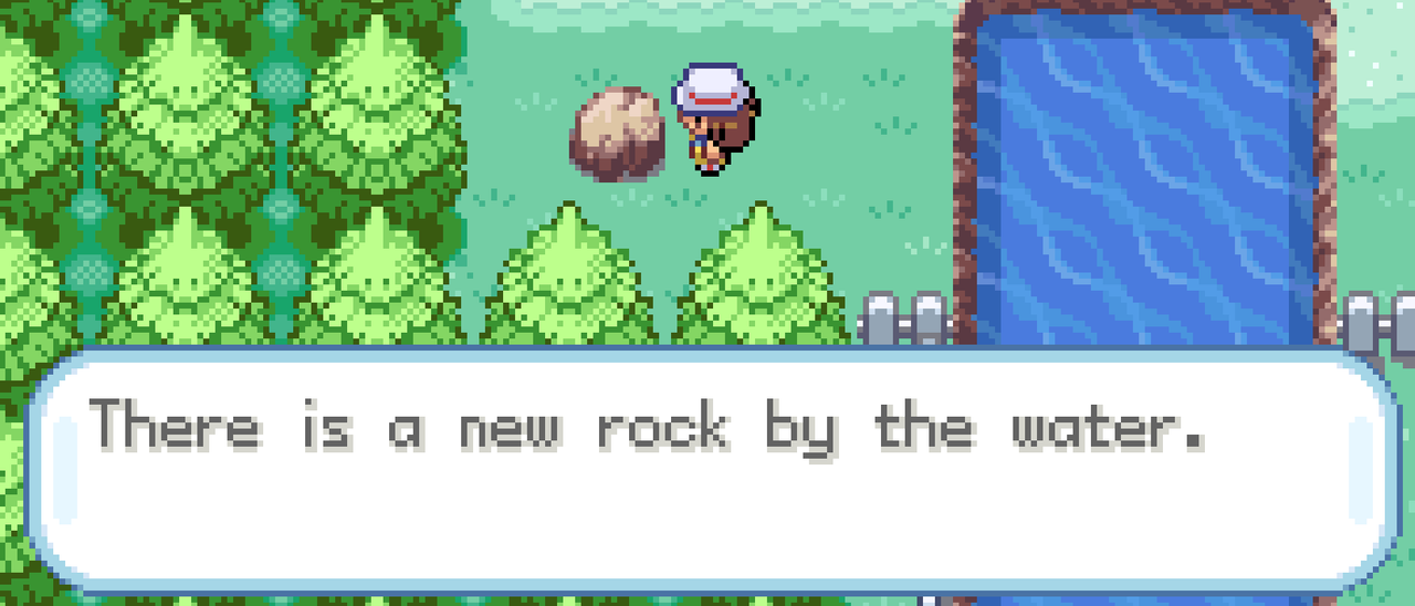 a screenshot of frlg.ips. there is a new rock by the water.