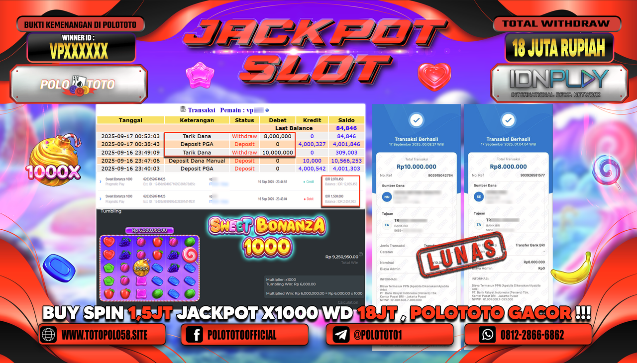 POLOTOTO JACKPOT SLOT SWEET BONANZA 1000 Rp.18.000.000,-