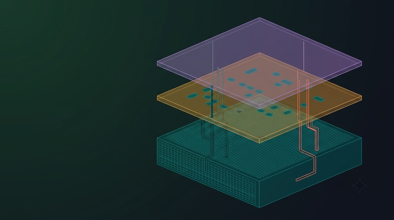 Three stacked slabs in isometric view with vertical connectors, and two distinct paths descending to the base layer