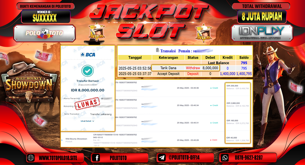 POLOTOTO JACKPOT SLOT WILD BOUNTY SHOWDOWN Rp.8.000.000,-