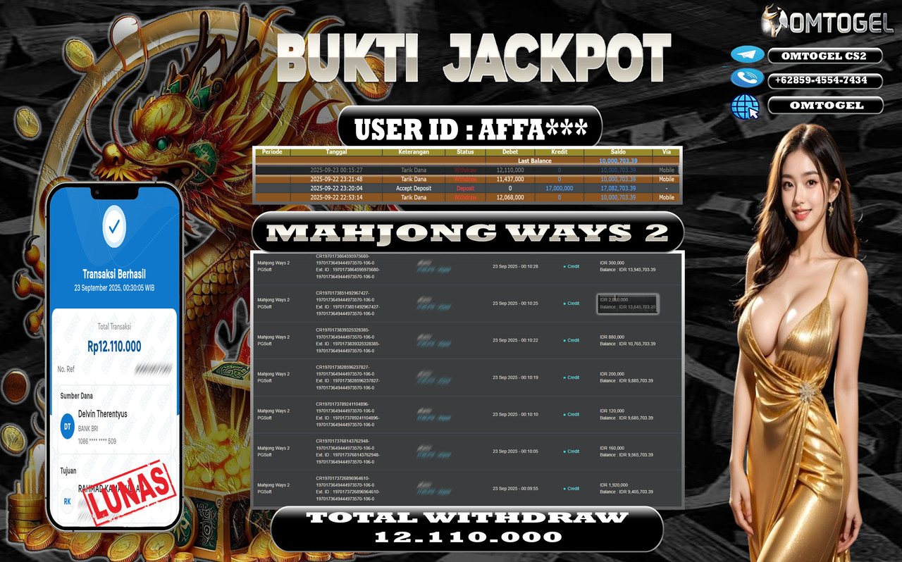 OMTOGEL JACKPOT PGSOFT MAHJONG WAYS 2 12 JUTA DI BAYAR LUNAS ,-