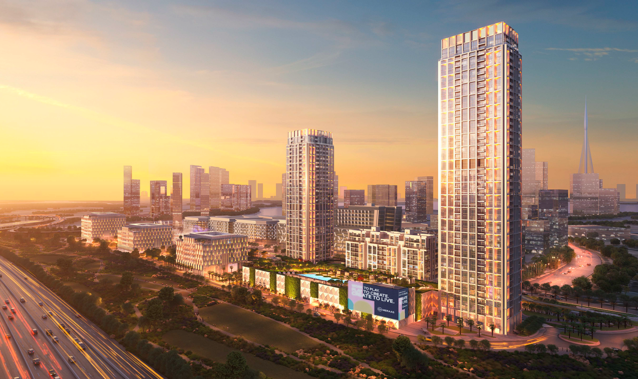 Exterior architectural rendering of Design Quarter - Tower A in Dubai Design District showing modern creative-district residential towers and landscaped surroundings, highlighting a prime 2-bedroom Distress Deal opportunity by Meraas in d3 with views toward Downtown Dubai and Burj Khalifa