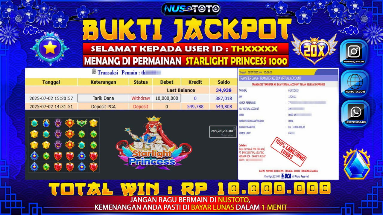 JACKPOT !! MENANG BESAR DI SLOT STARLIGHT PRINCESS 1000 Rp. 10.000.000 LANGSUNG DI BAYAR LUNAS NUSTOTO !!