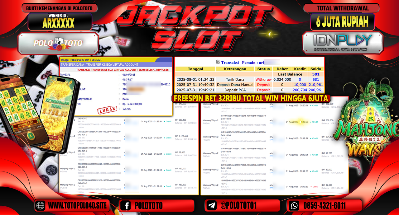 POLOTOTO JACKPOT SLOT MAHJONG WAYS Rp.6.000.000,-LUNAS
