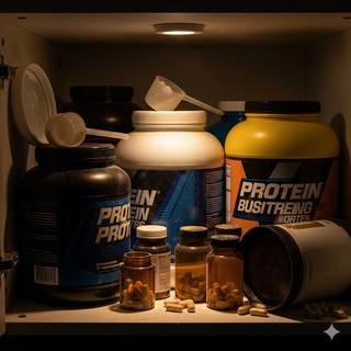 Cluttered cupboard with expired and unused bulk supplements