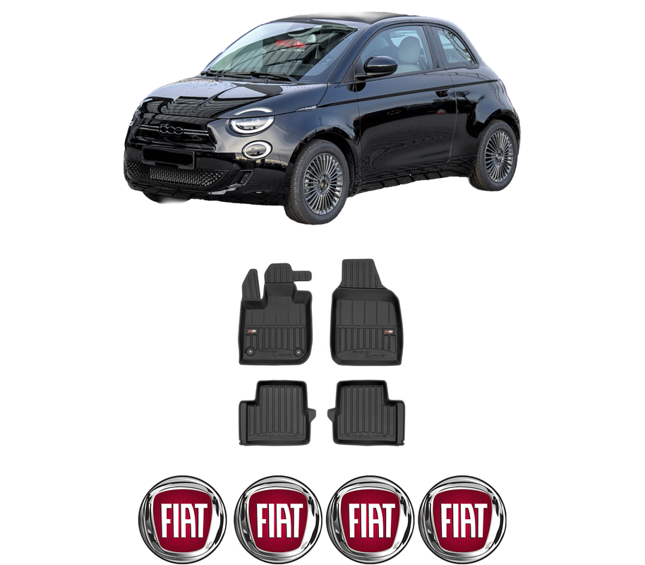 Set covorase presuri FIAT 500e (332_) din 2020, auto, din cauciuc thermoplastic, 4 Stickere auto cu FIAT
