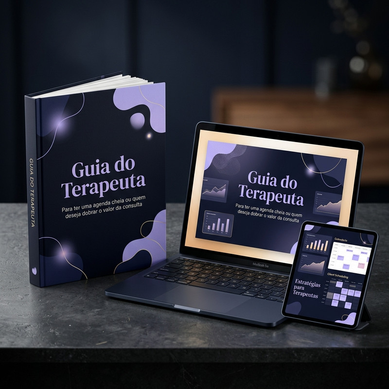 Mockup Guia do Terapeuta de Sucesso (Livro, Tablet e Notebook)