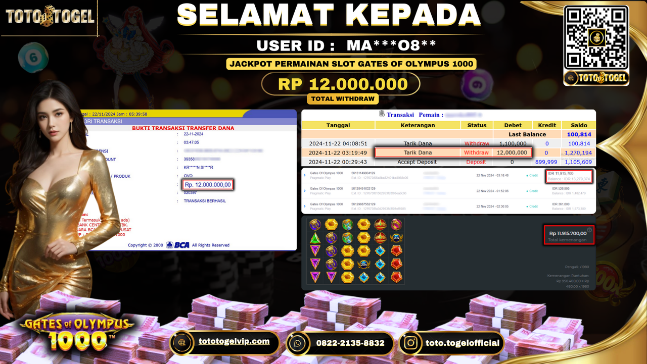 Bukti Pembayaran Jackpot Permainan Slot Gates Of Olympus 1000  ID: MA***08** LUNAS 