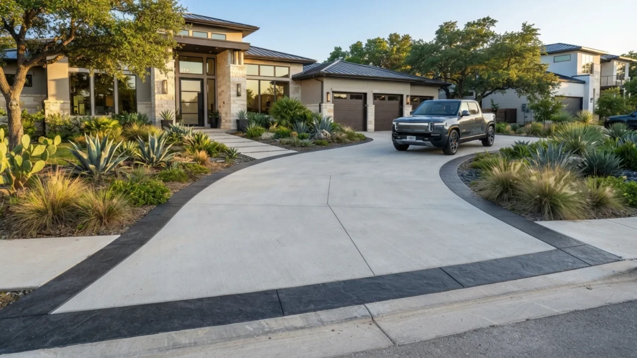 Concrete overlay pour installation driveway San Antonio Texas