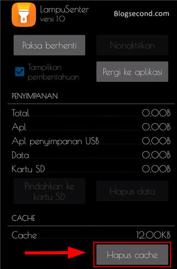 Menghapus Cache pada Aplikasi Lampu Senter