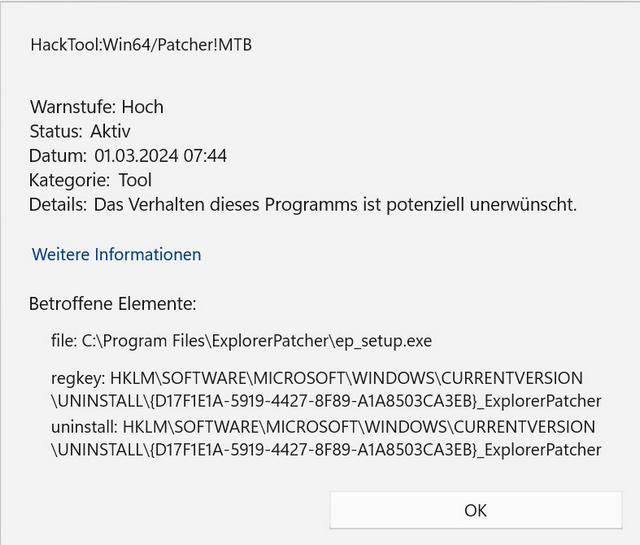Windows Defender: ExplorerPatcher PUP-Meldung
