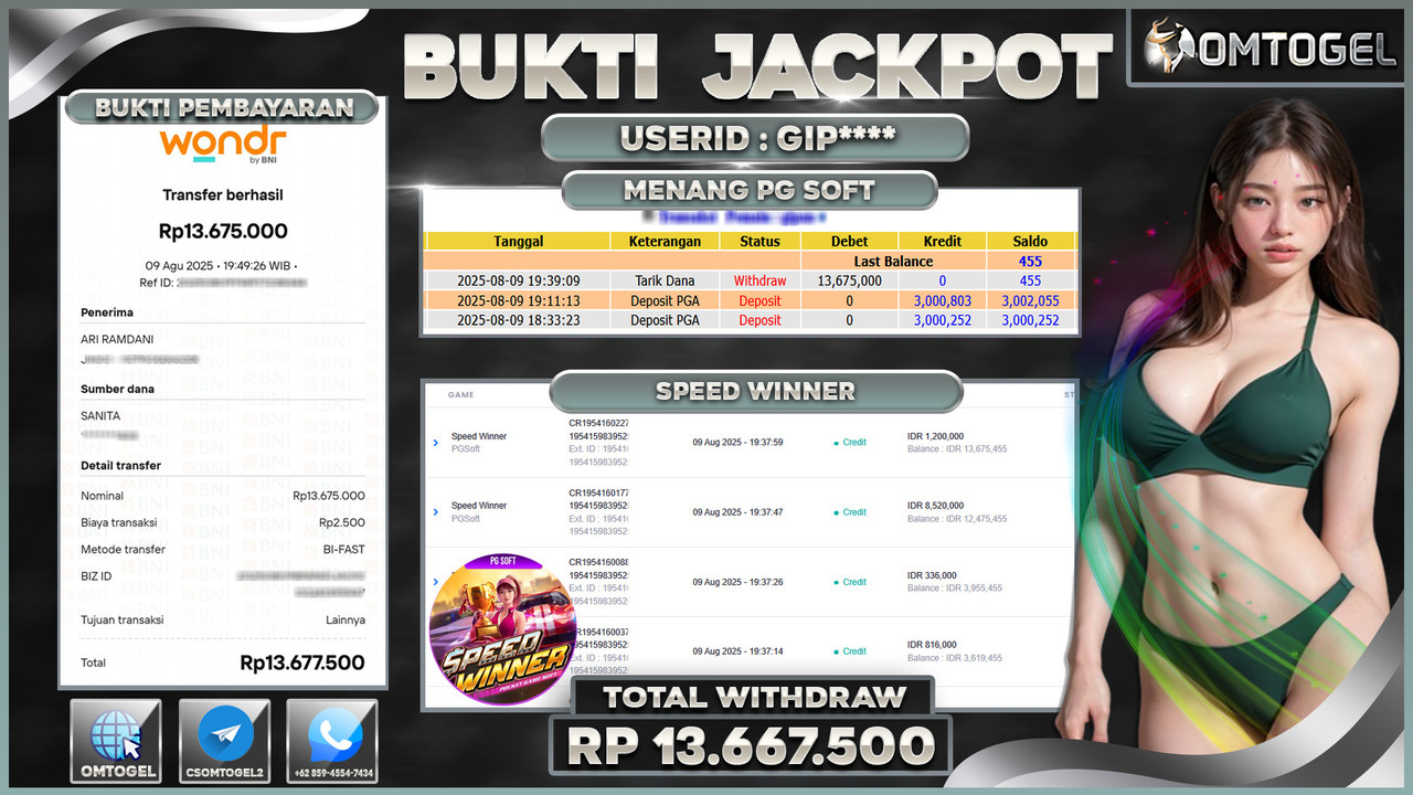 OMTOGEL JACKPOT PGSOFT SPEED WINNER 13 JUTA DI BAYAR LUNAS ,-