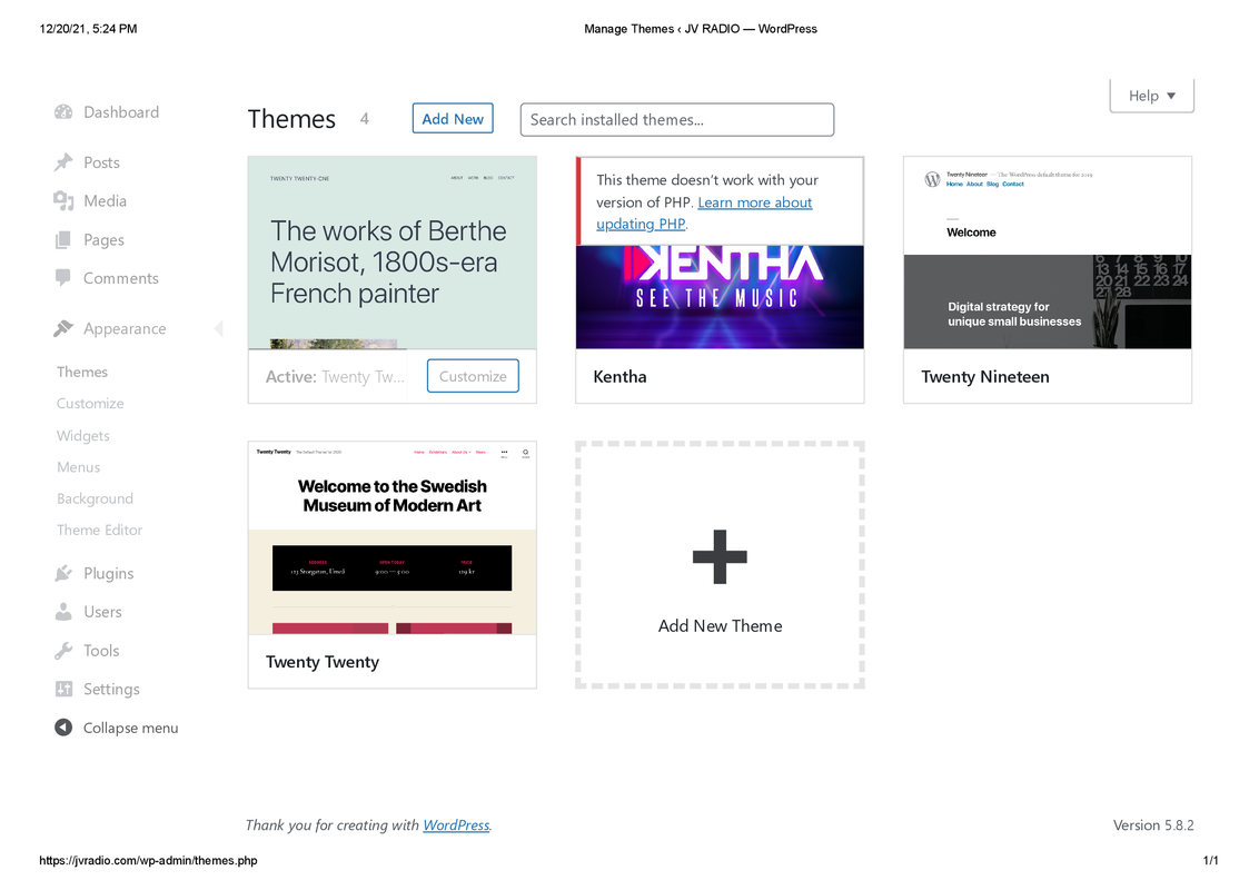 Manage Themes ‹ JV RADIO — WordPress
