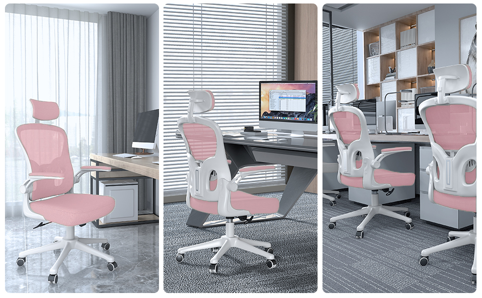 Chaise De Bureau Avec Accoudoirs Relevables Naspaluro - Soutien Lombaire, Maille Respirante, Rose