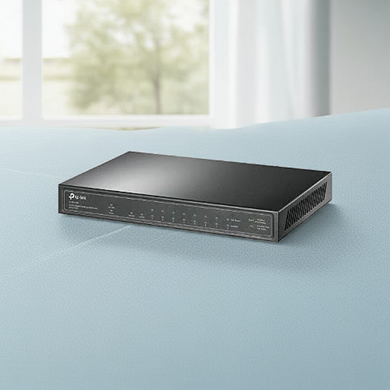 Embalagem do Switch TP-Link TL-SG1210P, mostrando a marca e modelo do produto.