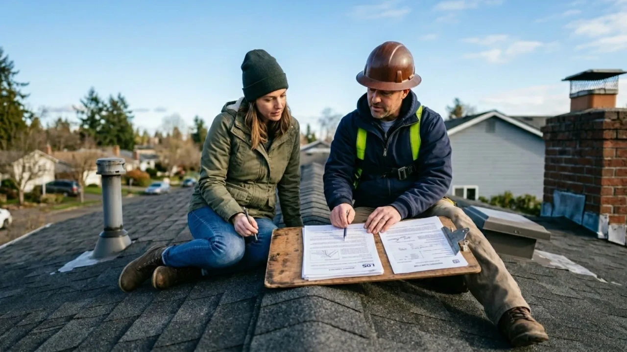 Homeowner and local roofer reviewing a roof warranty and insurance claim documents