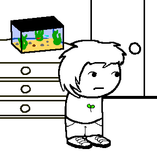 A drawing of a boy standing in his room