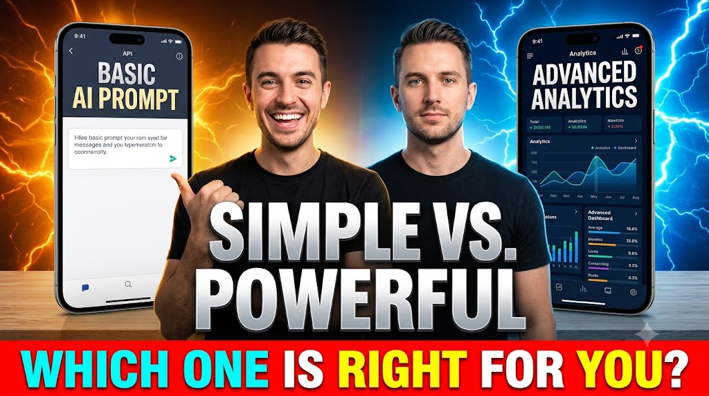 AI-generated example result for the youtube-thumbnail prompt: Simple vs Powerful AI Prompt Comparison Thumbnail – Which One Is Right For You AI YouTube Thumbnail Prompt