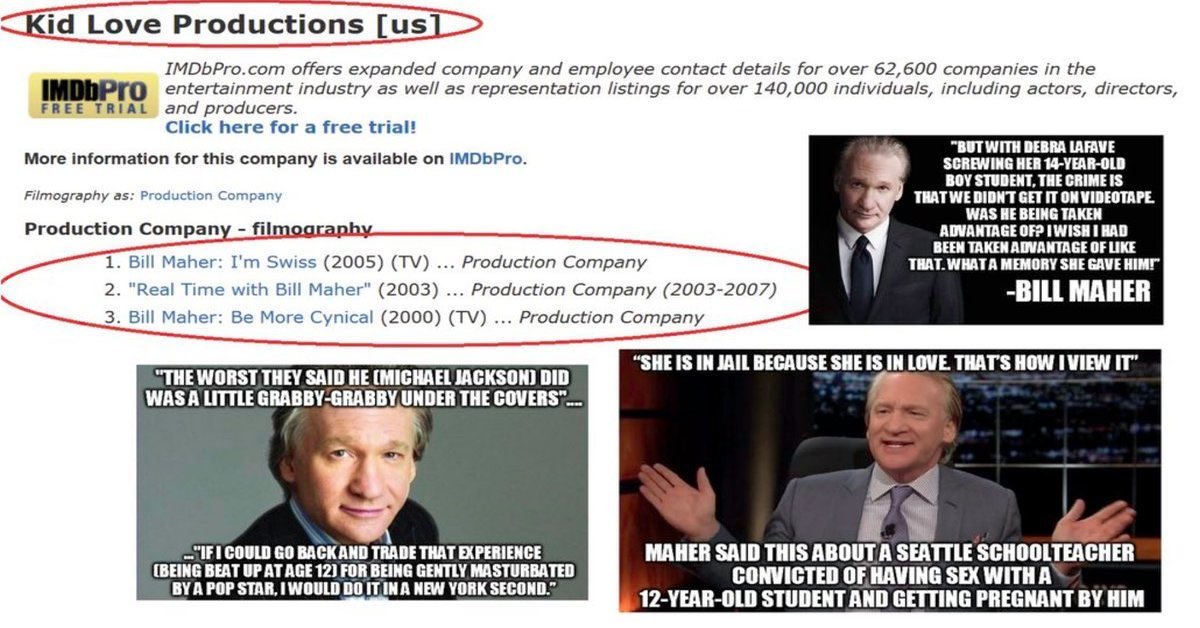 IMDB page for Bill Maher's "KID LOVE PRODUCTIONS (us)" & OTHER PRODUCTION COs + 3 memes of his HORRI