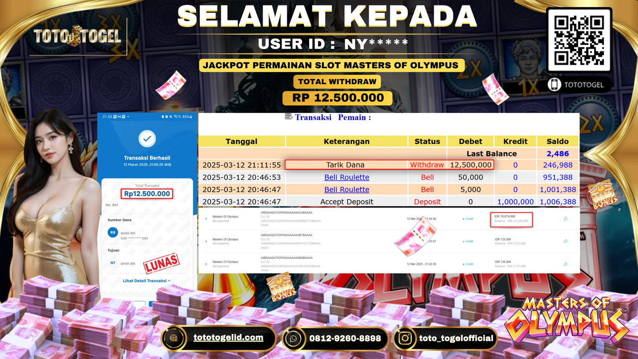 Bukti Pembayaran Jackpot  Permainan Slot Masters Of Olympus ID:NY***** LUNAS