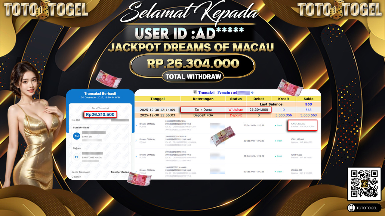 Bukti Pembayaran Jackpot Permainan Slot Dreams Of Macau ID:AD**** LUNAS
