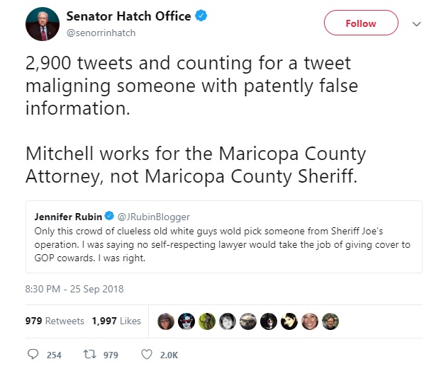 2,900 tweets and counting for a tweet maligning someone with patently false information. Mitchell works for the Maricopa County Attorney, not Maricopa County Sheriff.