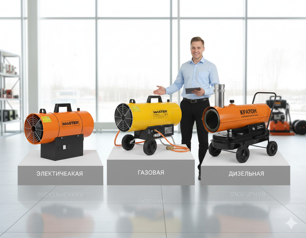 Сравнение электрической газовой и дизельной тепловой пушки в торговом зале с консультантом