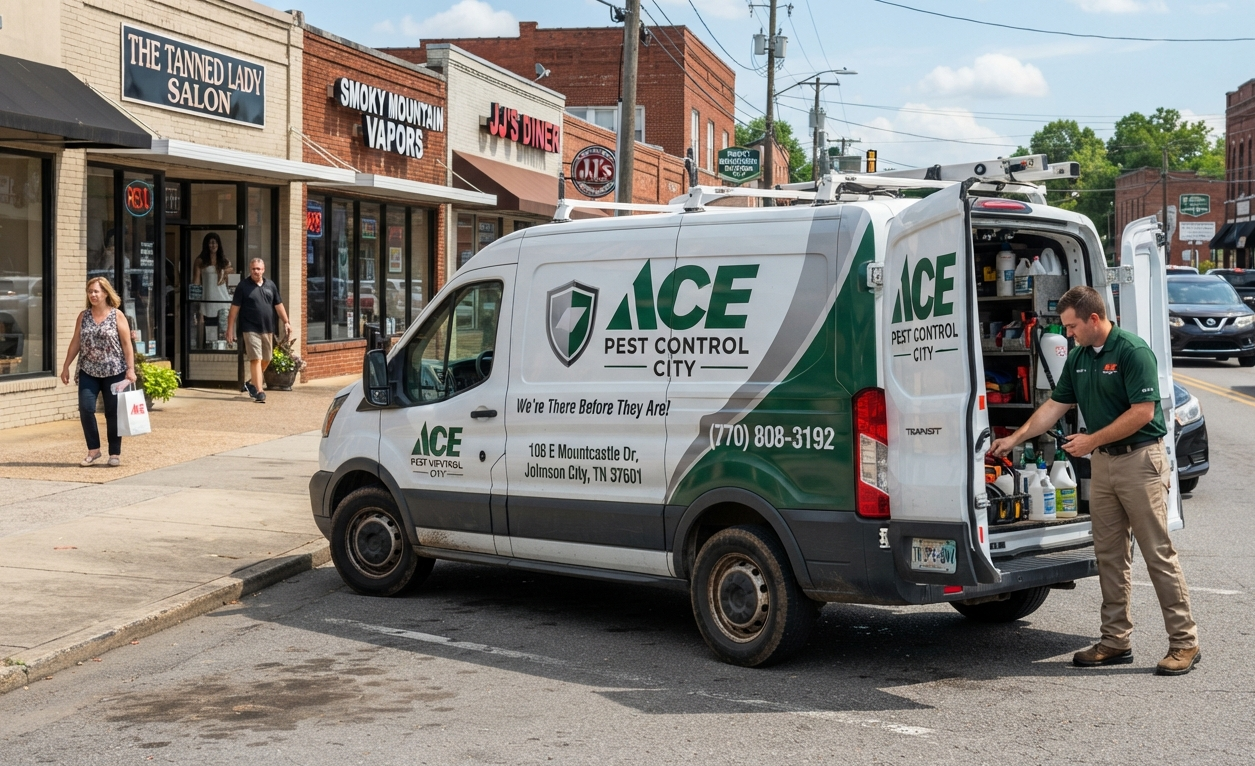 Ace Pest Control service van parked outside a Johnson City home