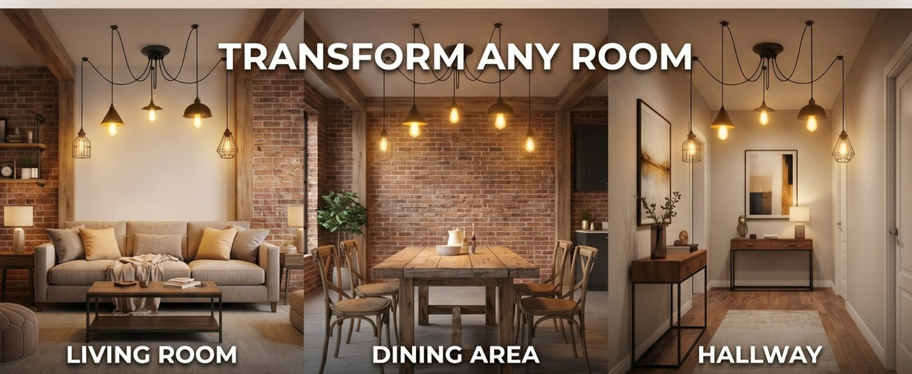 Spider pendant ceiling light styled in three rooms: cosy living room, rustic dining area with Edison bulbs, and modern hallway