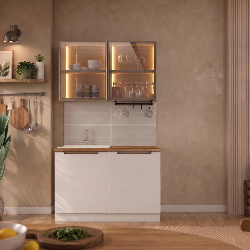 Hera 120 cm Mutfak Dolabı Seti %100 MDF Ledli Lavabolu Raflı Mutfak Dolabı Takımı 4 Modül Tezgah Dahil Bej