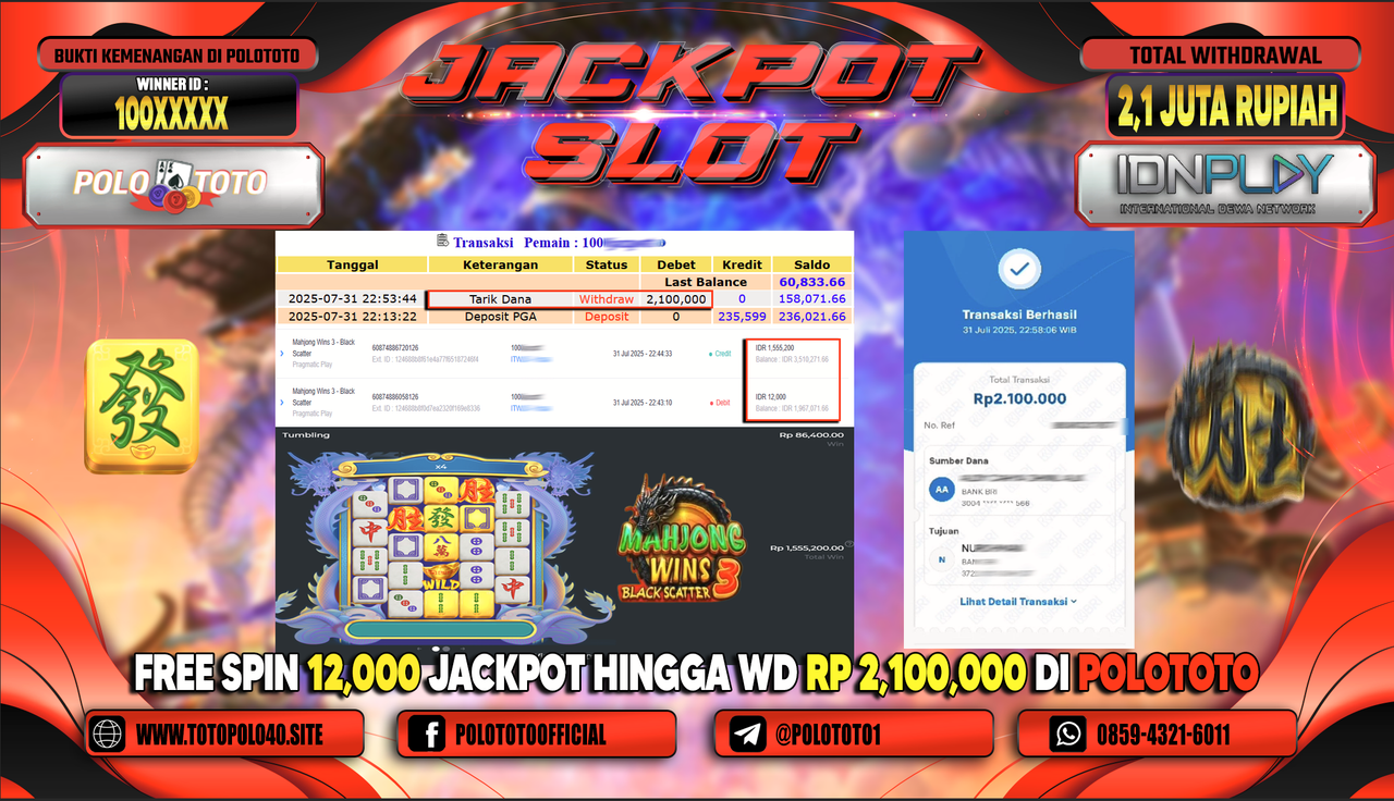 POLOTOTO JACKPOT SLOT MAHJONG WINS 3 - BLACK SCATTER Rp.2.100.000,-LUNAS