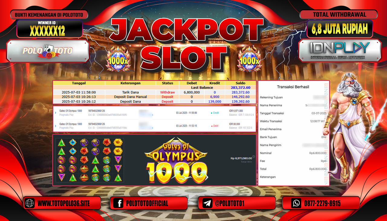 POLOTOTO JACKPOT SLOT GATES OF OLYMPUS 1000 Rp.6.800.000,- LUNAS
