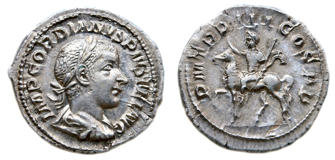 Denario de Gordiano III. P M TR P III COS P P. Emperador a caballo. Roma Sin-t-tulo-1