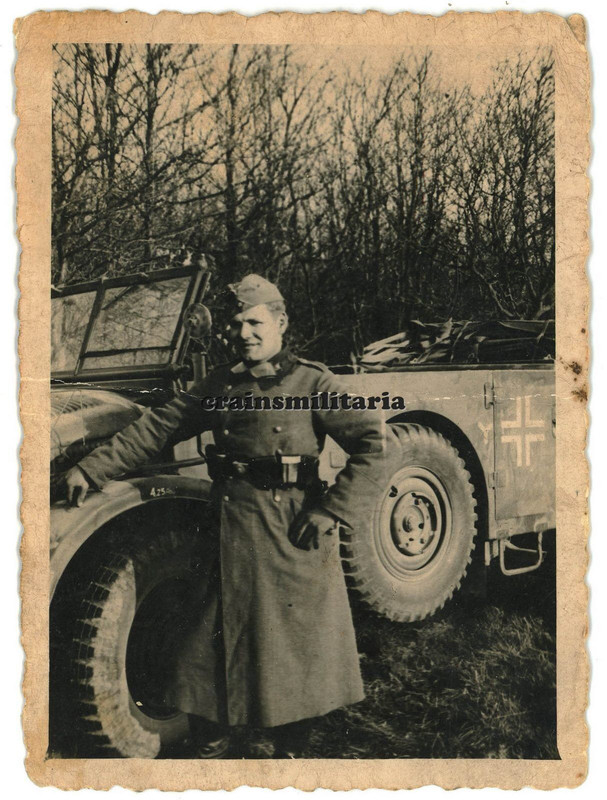 Orig. Foto Soldat bei Kübelwagen Mannschaftswagen Pkw mit 7.PD Wappen