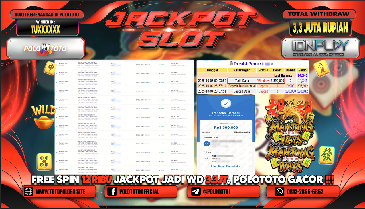 POLOTOTO JACKPOT SLOT MAHJONG WAYS Rp.3.300.000,- LUNAS