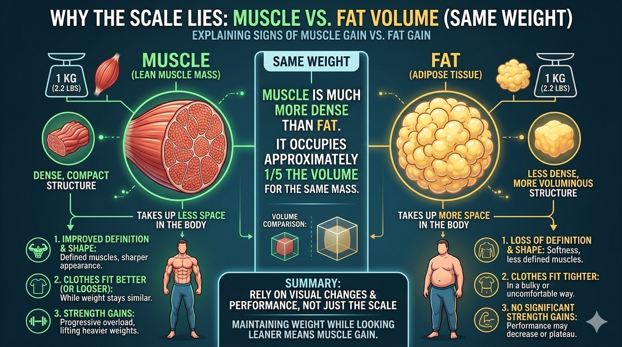 Visual comparison showing same weight of muscle vs fat volume difference to explain signs you are actually gaining muscle, not just fat