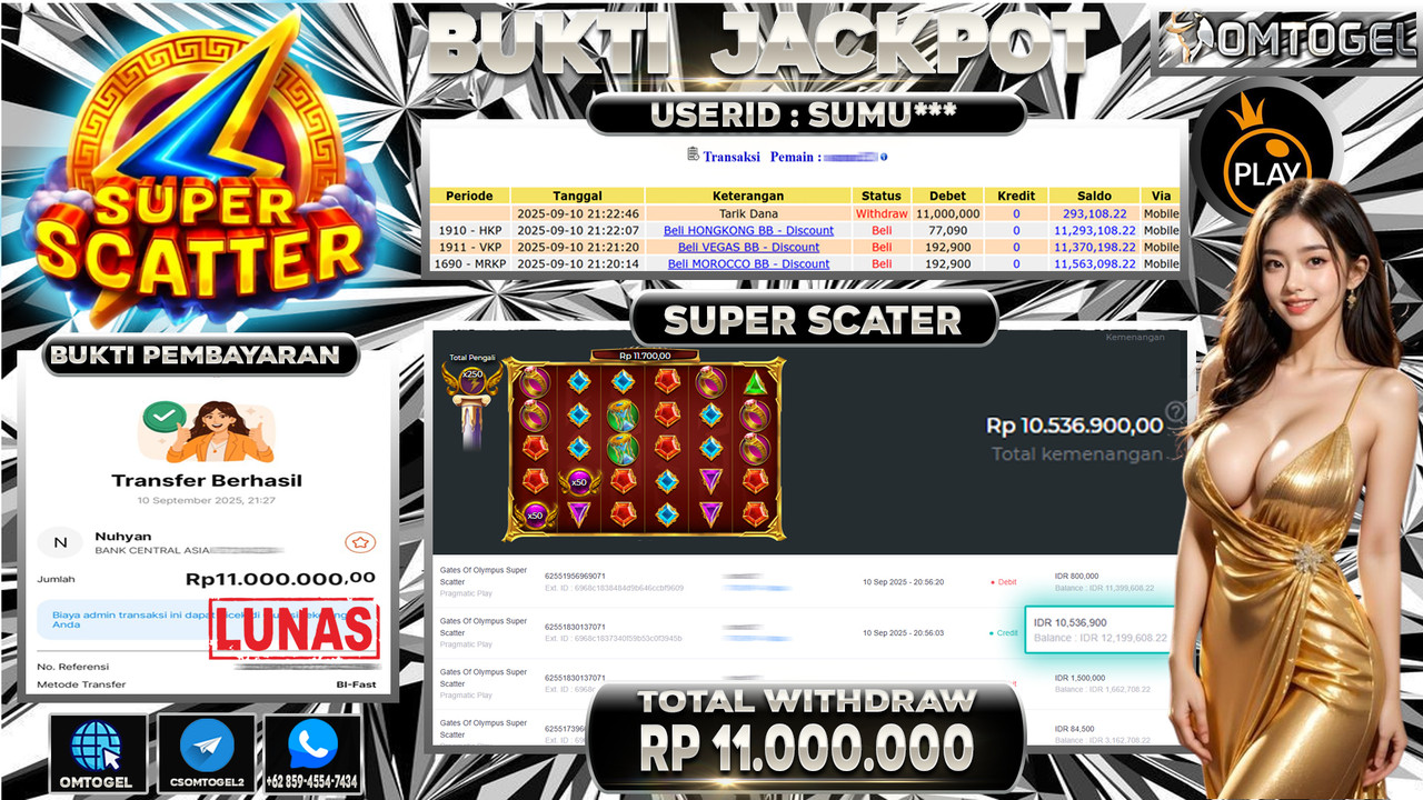 OMTOGEL JACKPOT PRAGMATIC PLAY GATES OF OLYMPUS SUPER SCATTER 11 JUTA DI BAYAR LUNAS ,-