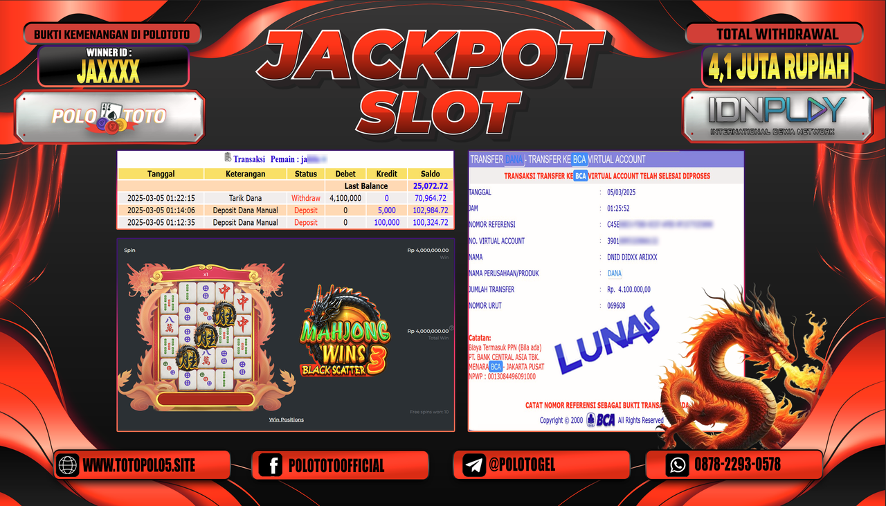 POLOTOTO JACKPOT SLOT MAHJONG WINS BLACK SCATTER 3 Rp.4.100.000,-