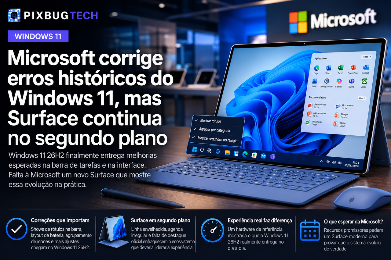Windows 11 26H2 começa a corrigir velhas limitações, mas Surface perdeu o papel de grande vitrine da Microsoft
