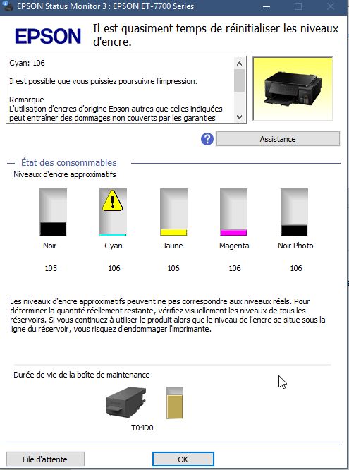 Un tampon d'encre de l'imprimante est quasiment en fin de vie Epson  problème résolu 