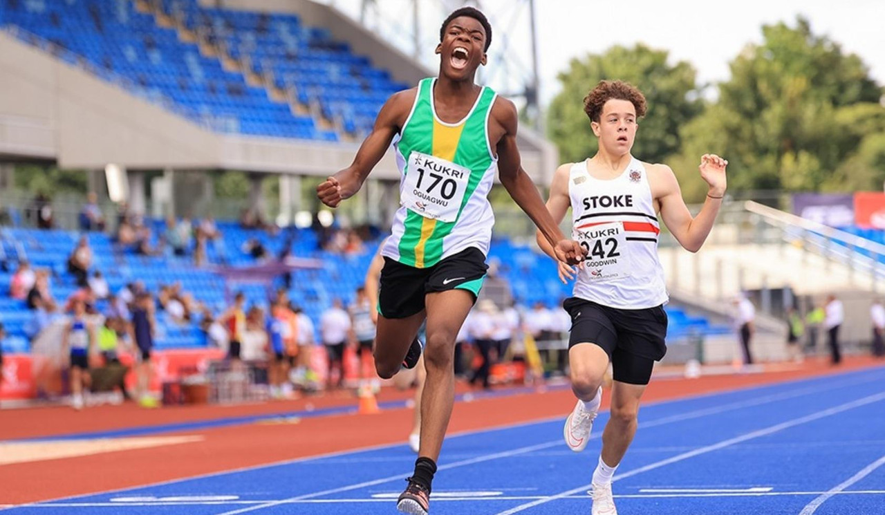 Gabriel Oguagwu roaring as he becomes the 300m national champion of 2024