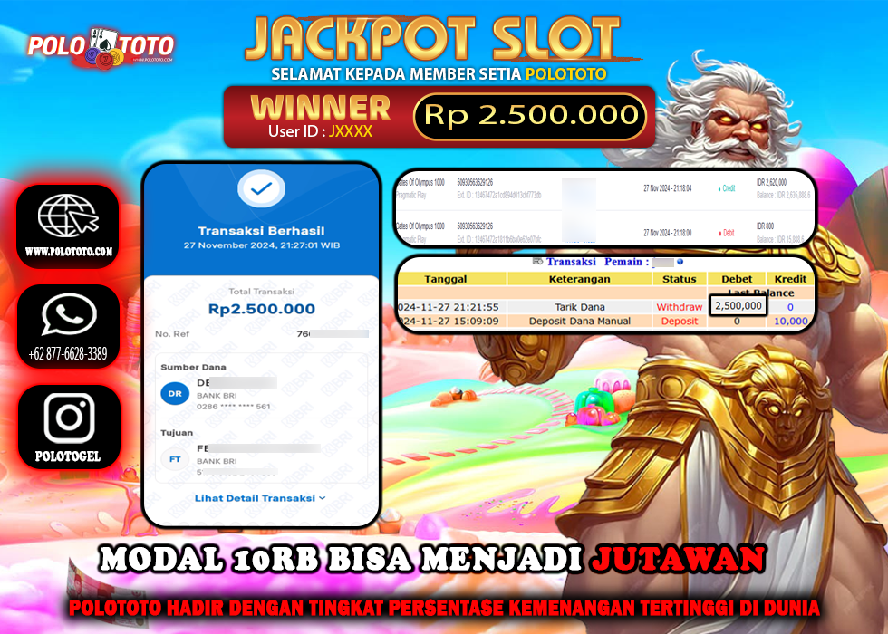 POLOTOTO JACKPOT SLOT GATES OF OLYMPUS 1000 Rp.2,500.000,-