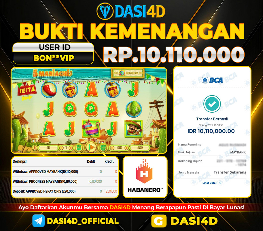 BUKTI KEMENANGAN 07 JULI 2025 DI 5 MARIACHIS WD 10.110.000