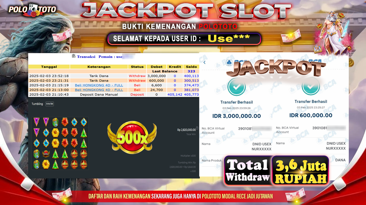 POLOTOTO JACKPOT SLOT GATES OF OLYMPUS Rp.3,600.000,-