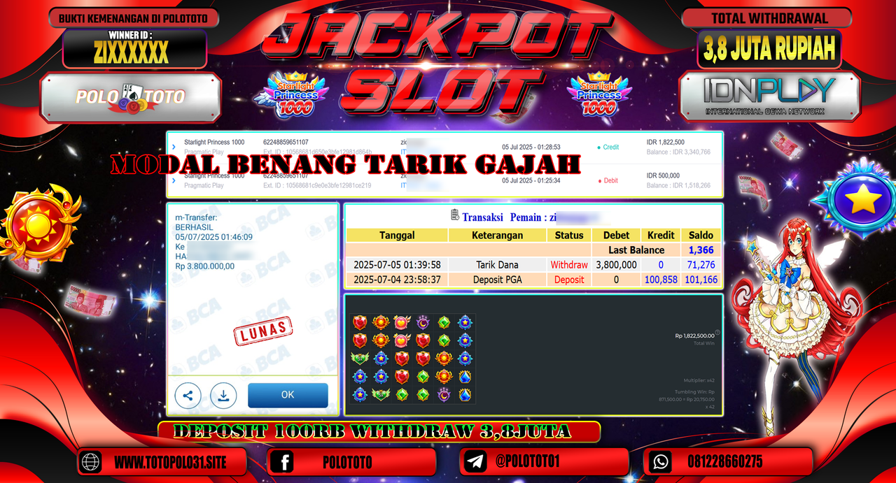 POLOTOTO JACKPOT SLOT STARLIGHT PRINCESS 1000 Rp.3.800.000,-