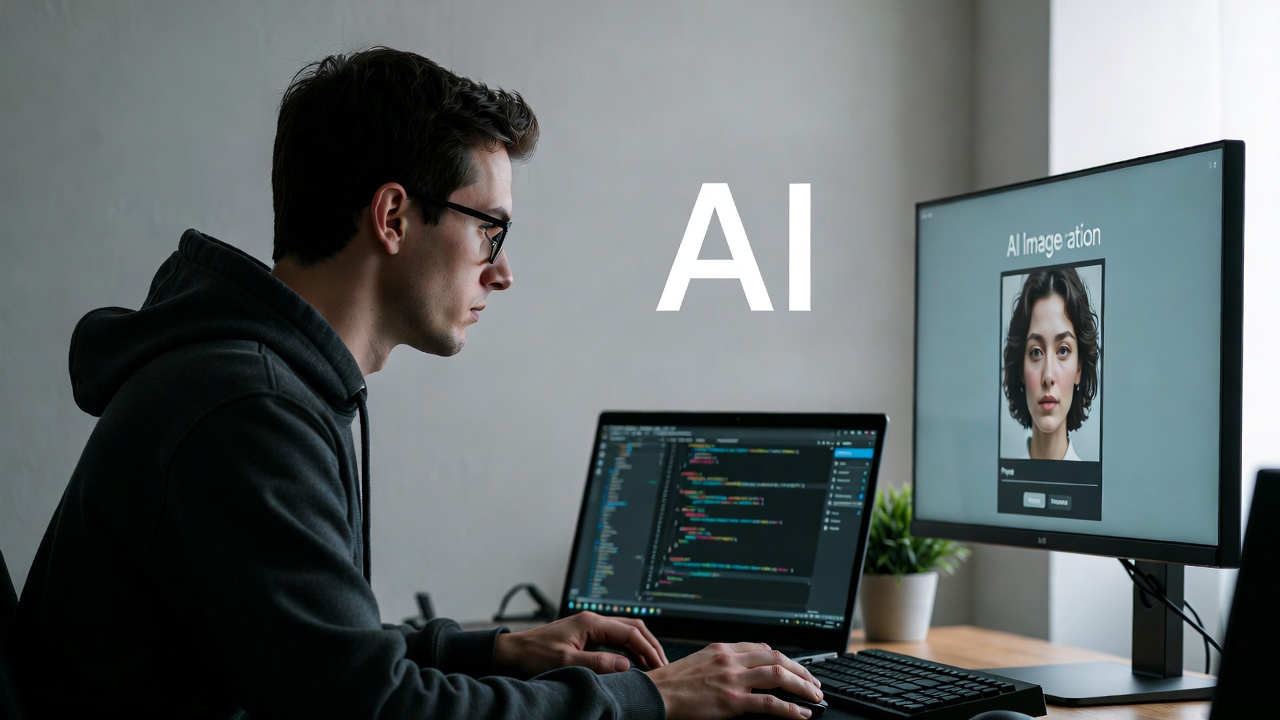 Developer using AI coding assistant on a laptop alongside AI image generation tool on second screen