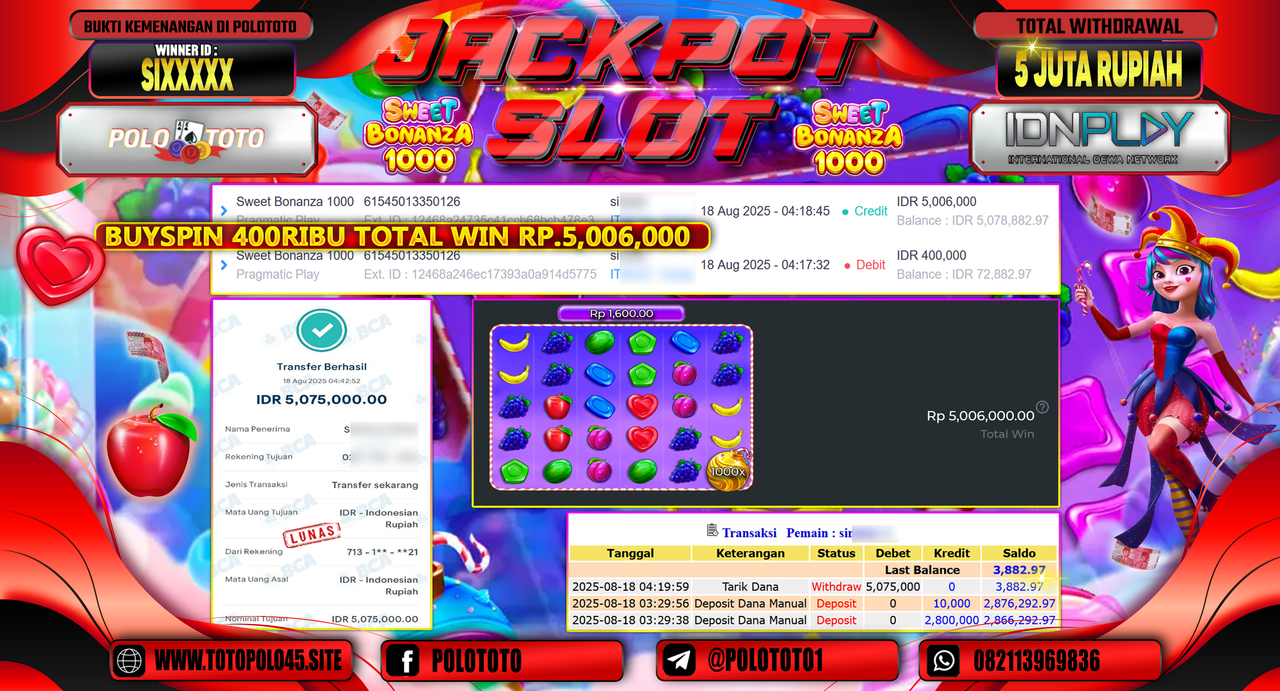 POLOTOTO JACKPOT SLOT SWEET BONANZA 1000 Rp.5.006.000,-