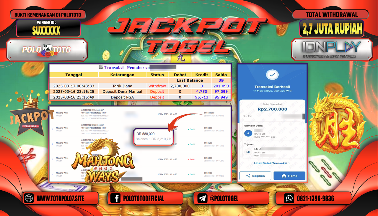 POLOTOTO JACKPOT SLOT MAHJONG WAYS Rp.2.700.000,-